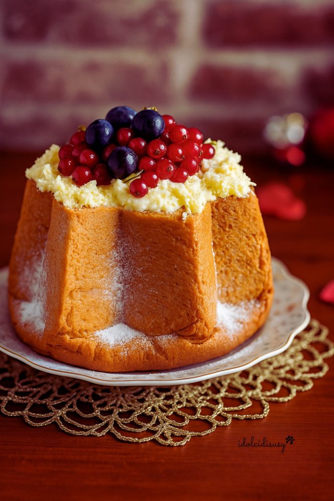pandoro gefüllt mit Mascarponecreme und roten Früchten auf weihnachtlichem Teller
