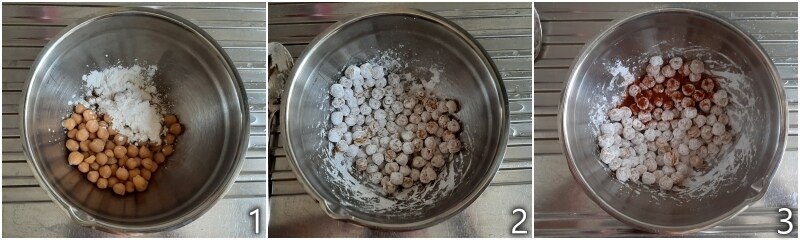 a. Kichererbsen aus der Dose mit Maisstärke und Paprika mischen