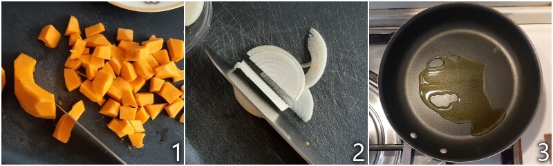 a. Kürbis in Würfel schneiden und Zwiebel in Scheiben schneiden