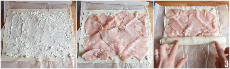 Weihnachtsvorspeise mit herzhaften Blätterteigschnecken Weihnachtsbaum 1 füllen mit Mortadella