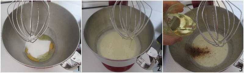 Apfelkuchen mit Zimt, weich und auch ohne Gluten, einfaches Rezept von il chicco di mais 1 Eier und Zucker schlagen