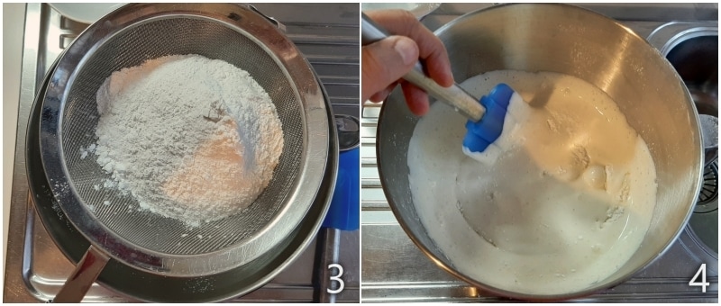 b. das Mehl zu den Eiern für den Biskuit mit Sahne geben