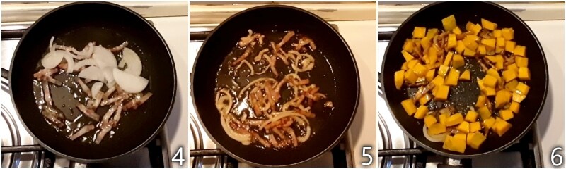 b. unire la cipolla e i cubetti di zucca alla pancetta rosolata