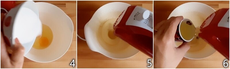 b. montare uova con zucchero e unire l'olio
