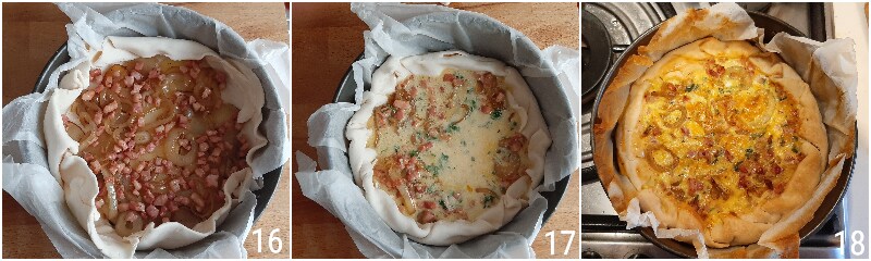 Blätterteig mit Kartoffeln, Zwiebeln und Speck Rezept salziger Kuchen mit Blätterteig Eiern Kartoffeln in der Pfanne leckerer Speck il chicco di mais 6