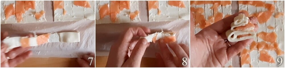 c. Blätterteigstreifen wie eine Ziehharmonika falten, um Bäume zu formen