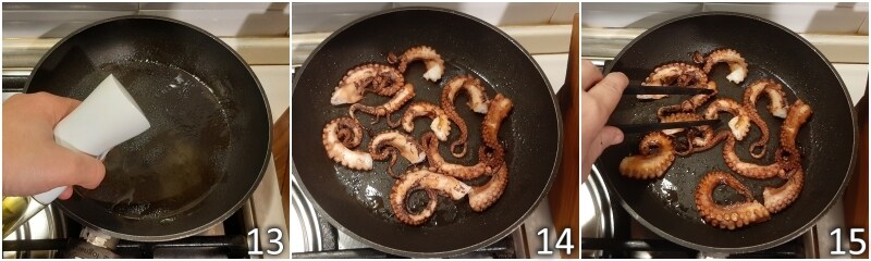 e. Oktopus in einer antihaftbeschichteten Pfanne braten