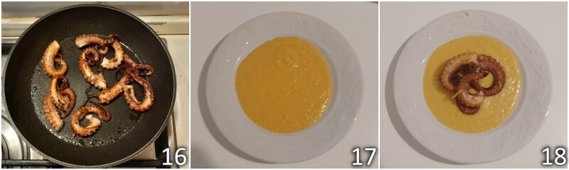 f. den gegrillten Oktopus auf Maiscreme servieren