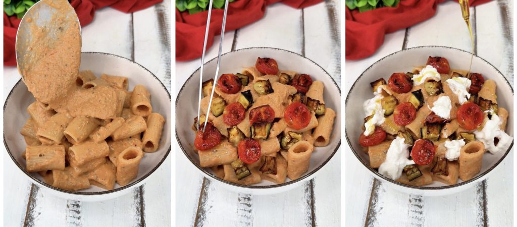 Nudeln mit Auberginencreme, Kirschtomaten und Burrata