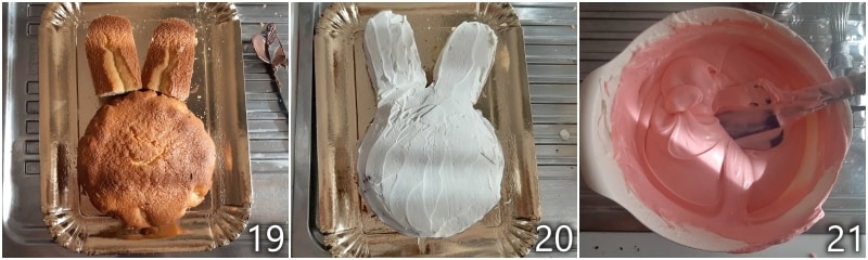 g. ricoprire la torta con il frosting bianco e colorare di rosa quello rimasto