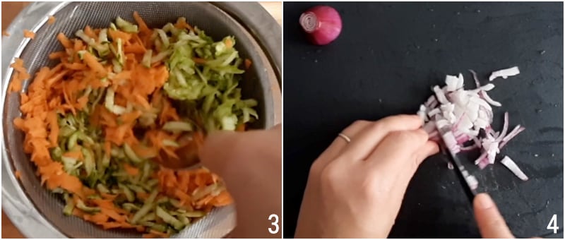 Gemüsepuffer mit Löffel zubereitet mit gemischtem geriebenem Gemüse Karotten Zucchini Zwiebel auch glutenfrei il chicco di mais 2 Gemüse ausdrücken