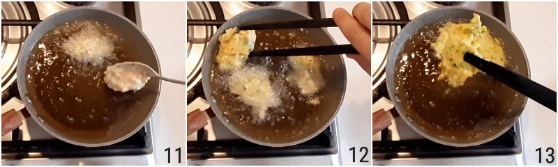 Gemüsepuffer mit Löffel zubereitet mit gemischtem geriebenem Gemüse Karotten Zucchini Zwiebel auch glutenfrei il chicco di mais 5 in tiefem Öl frittieren