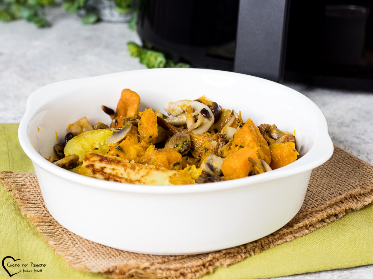 KÜRBIS UND KARTOFFELN IN DER LUFTFRITTEUSE mit Pilzen