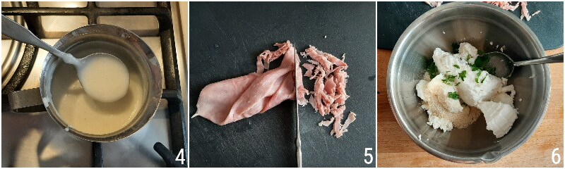 Pfannkuchen mit Pilzen und gekochtem Schinken, einfaches Rezept für gefüllte salzige Crepes im Ofen mit Béchamelsauce, der Maiskolben 2 Béechamelsauce zubereiten