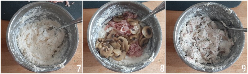 Pfannkuchen mit Pilzen und gekochtem Schinken, einfaches Rezept für gefüllte salzige Crepes im Ofen mit Béchamelsauce, der Maiskolben 3 Füllung zubereiten