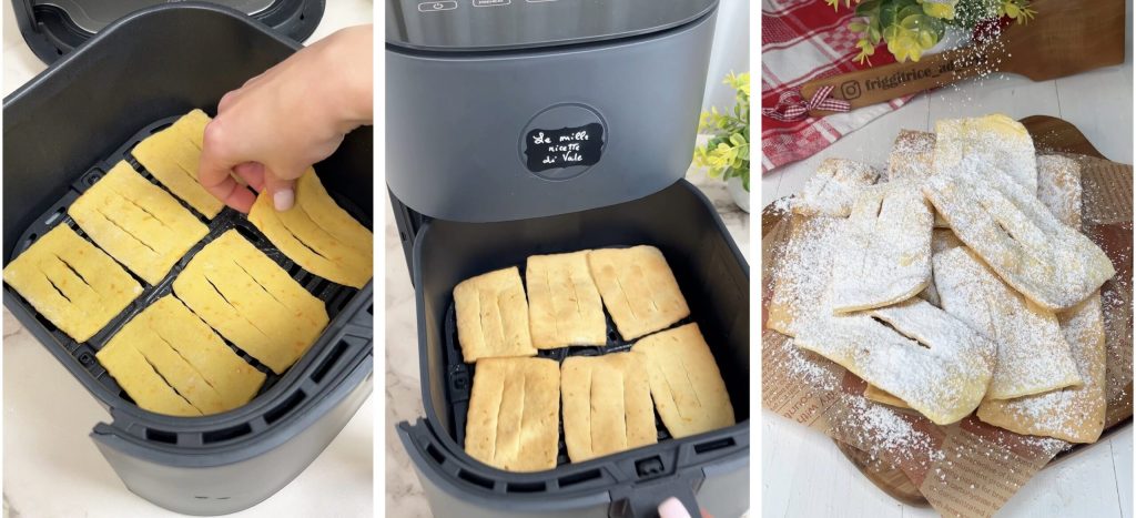 Die Chiacchiere in der Heißluftfritteuse sind leicht, lecker und sehr einfach zuzubereiten. Mit meinen Tricks werden sie auch mit dieser Kochmethode perfekt. Für die Zubereitung benötigt man nur wenige Zutaten: Mehl, ein Ei, Zucker, Likör (Strega, Grappa oder was Sie bevorzugen), Backpulver und Orangenschale: sie werden noch duftender, aber auf Wunsch können Sie diese auch weglassen. Der Teig ist wirklich sehr einfach. Sie können ihn von Hand mit einem Nudelholz ausrollen oder mit der Pastamaschine: in diesem Fall empfehle ich eine sehr dünne Dicke, 1 oder maximal 2, wenn Sie sie dicker mögen. Alternativ zur Heißluftfritteuse finden Sie unten alle Anweisungen für die Zubereitung im Ofen oder in der Pfanne mit dem klassischen Frittieren. Denken Sie daran, dass sie im Ofen oder in der Heißluftfritteuse nie identisch mit den frittierten sein werden, da der klassische fettige Geschmack fehlt, ich werde Ihnen hier keine Unwahrheiten erzählen. Aber sie werden sicherlich sehr köstlich, knusprig und viel leichter sein.