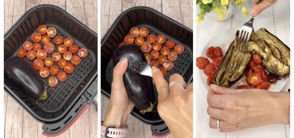 Hummus mit Auberginen und Kirschtomaten in der Heißluftfritteuse