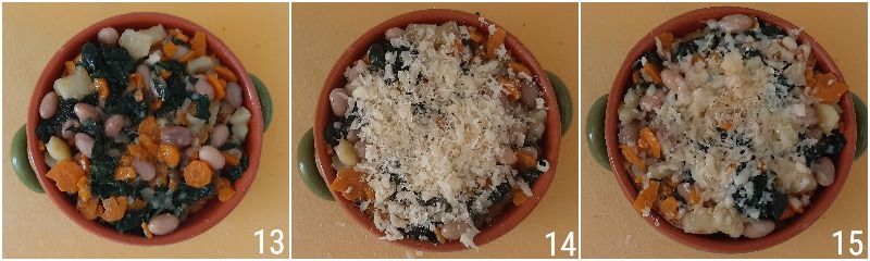 überbackene Gemüsesuppe mit Bohnen, Schwarzkohl und schmelzendem Käse il chicco di mais 5 im Ofen überbacken