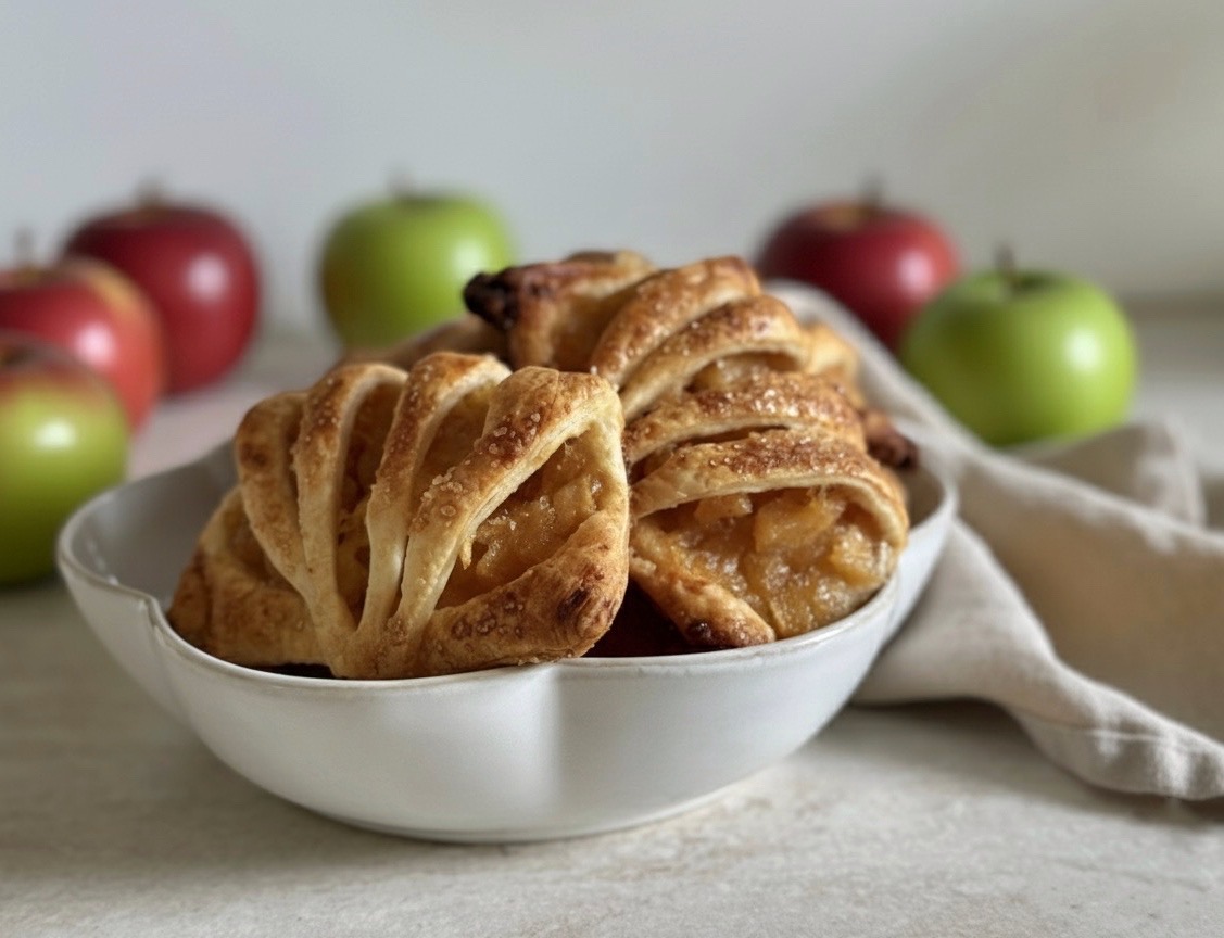 GEFLOCHTENE BLÄTTERTEIGTASCHEN MIT KARAMELLISIERTEN ÄPFELN