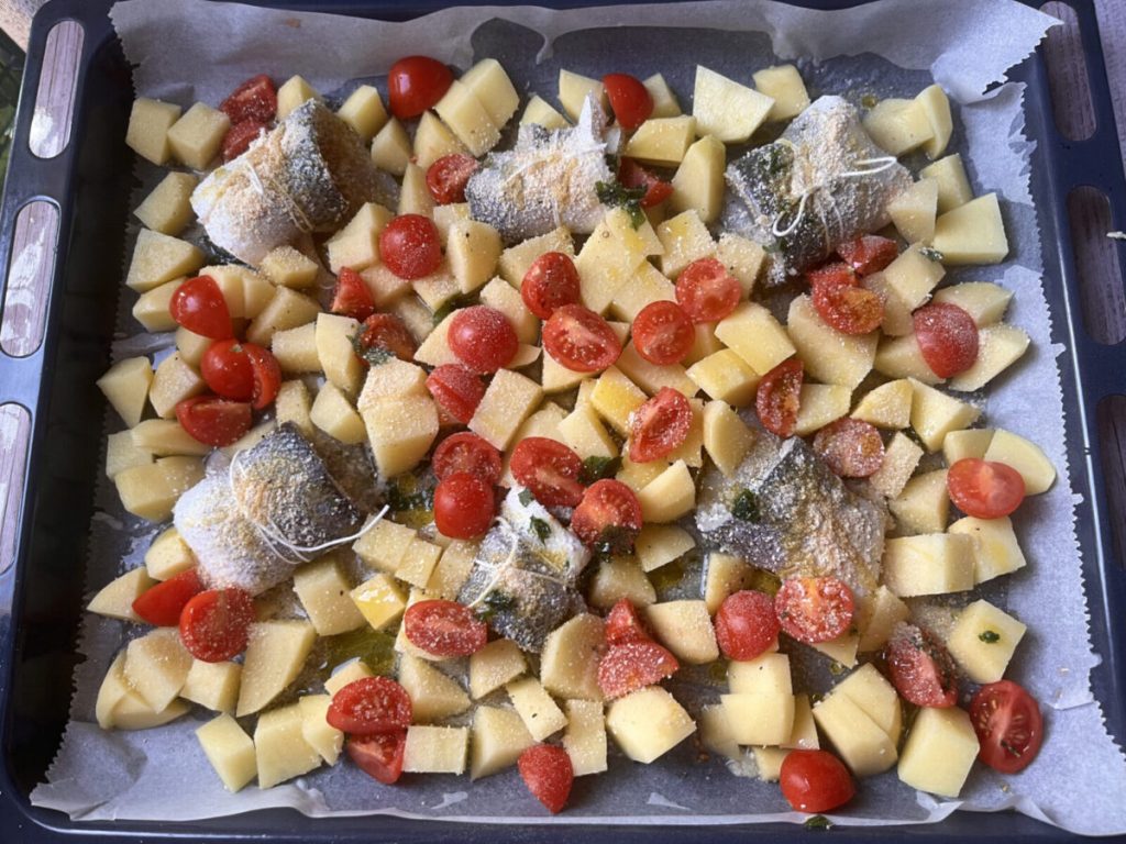 spiralen wolfsbarsch kartoffeln kirschtomaten ofen