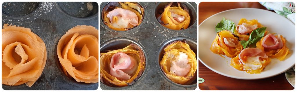 Gerollte Kürbisscheiben mit Käse und Speck