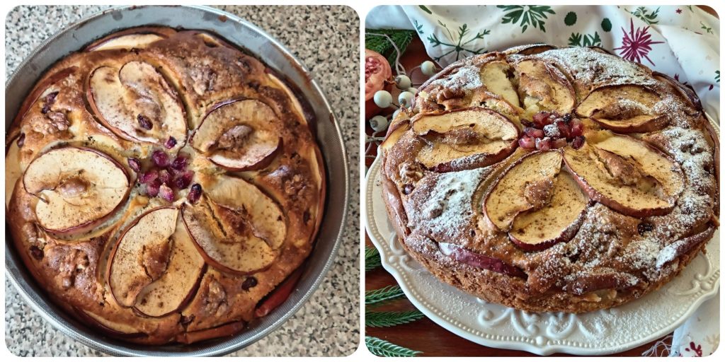Apfelkuchen mit Nüssen, Rosinen und Granatapfel -