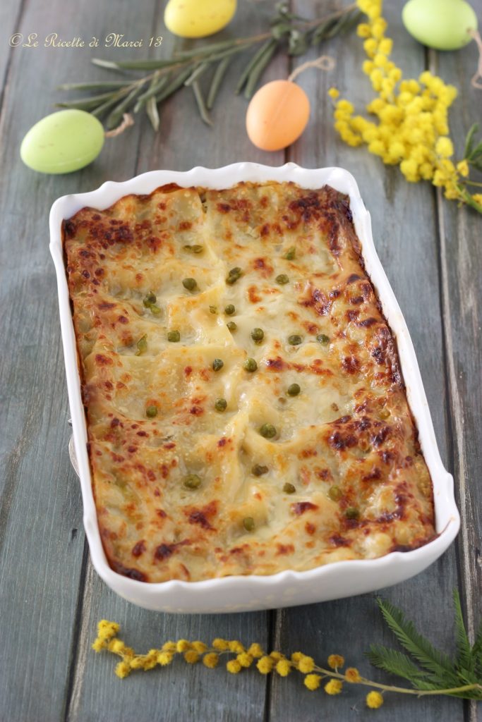 Weiße Lasagne mit Pilzen, Erbsen und Emmentaler