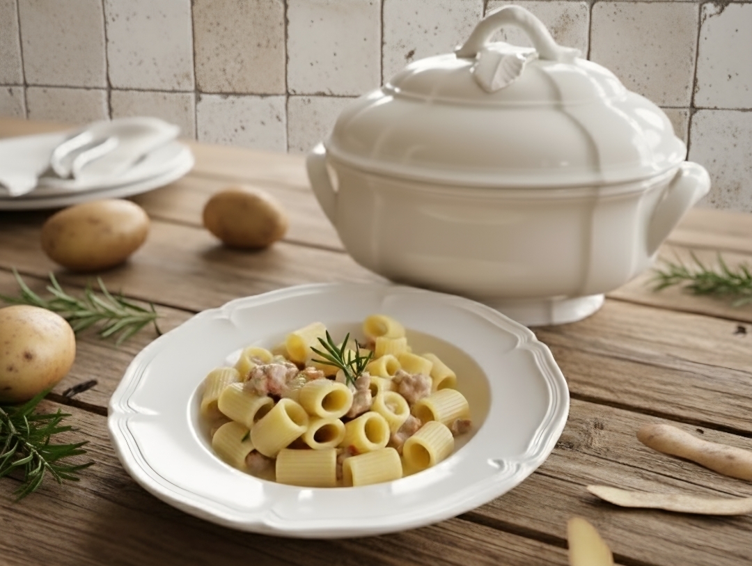 Die Pasta mit Kartoffelcreme und Wurst