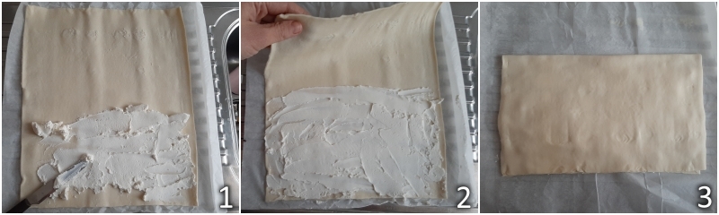 a. den rechteckigen Blätterteig mit Ricotta füllen und zur Hälfte falten