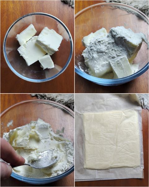 arbeiten Sie die Butter mit dem Mehl und rollen Sie sie zwischen zwei Backpapierblättern aus