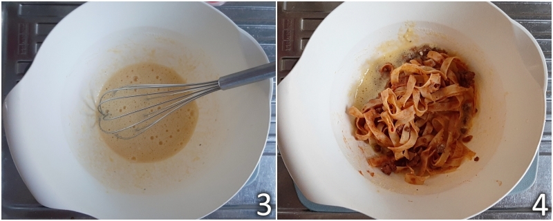 b. Reste der bereits gewürzten Pasta zu den Eiern geben