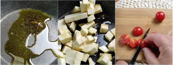 Braten Sie die Aubergine an und schneiden Sie die Kirschtomaten