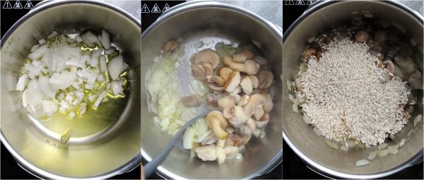 Braten Sie die Zwiebel mit den Pilzen an, rösten Sie den Reis und löschen Sie mit Weißwein ab