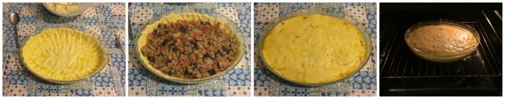 Bröselkuchen mit Wurst, Auberginen und Tomaten