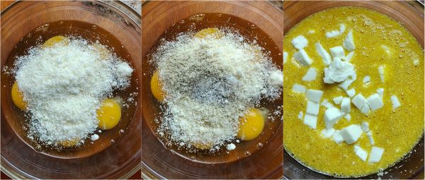 Eier, geriebener Käse, Salz, Pfeffer und Scamorza in einer Schüssel mischen