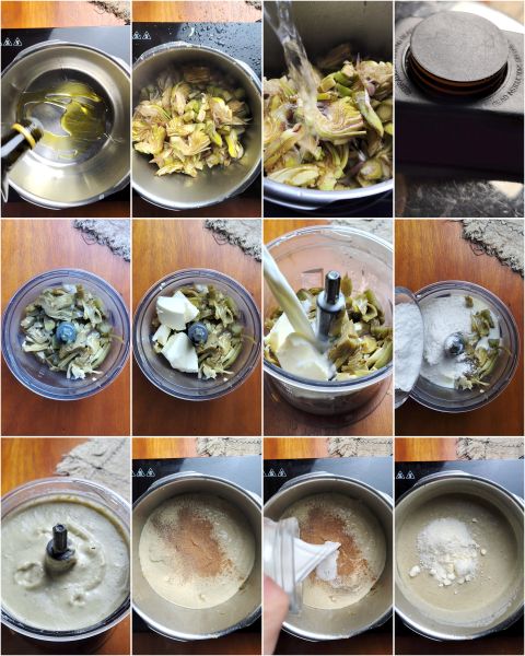 kochen Sie die Artischocken, pürieren Sie sie mit Milch, Butter und Mehl und lassen Sie die Creme eindicken