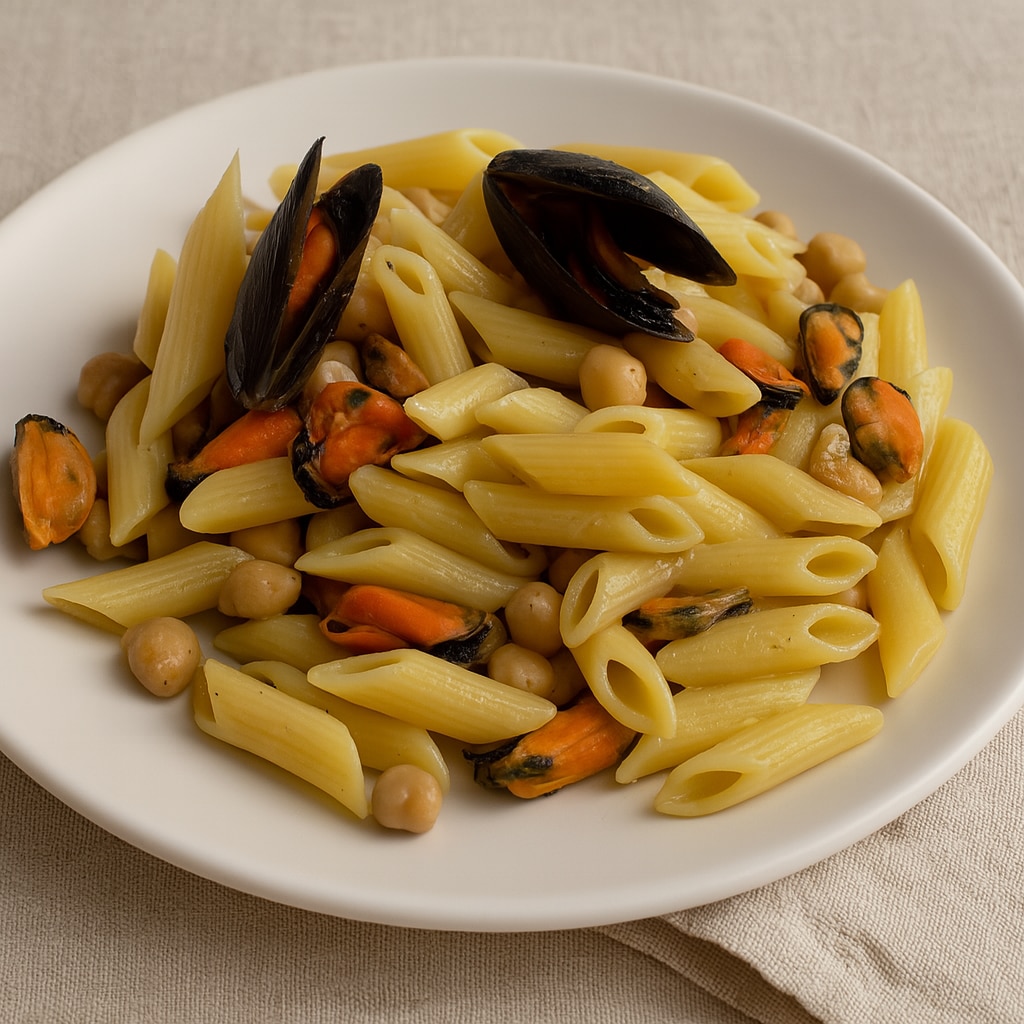 mezze penne kichererbsen und muscheln