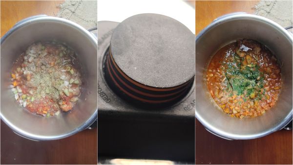 mit Salz und Pfeffer abschmecken, Topf schließen und 8 Minuten ab Pfeifton kochen