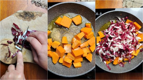 Reinigen und schneiden Sie das Gemüse und kochen Sie es in der Pfanne