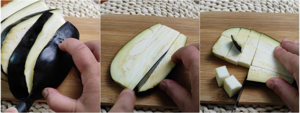 Reinigen und würfeln Sie die Aubergine