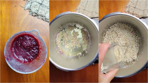 Rote Bete pürieren, Reis anrösten und mit Weißwein ablöschen