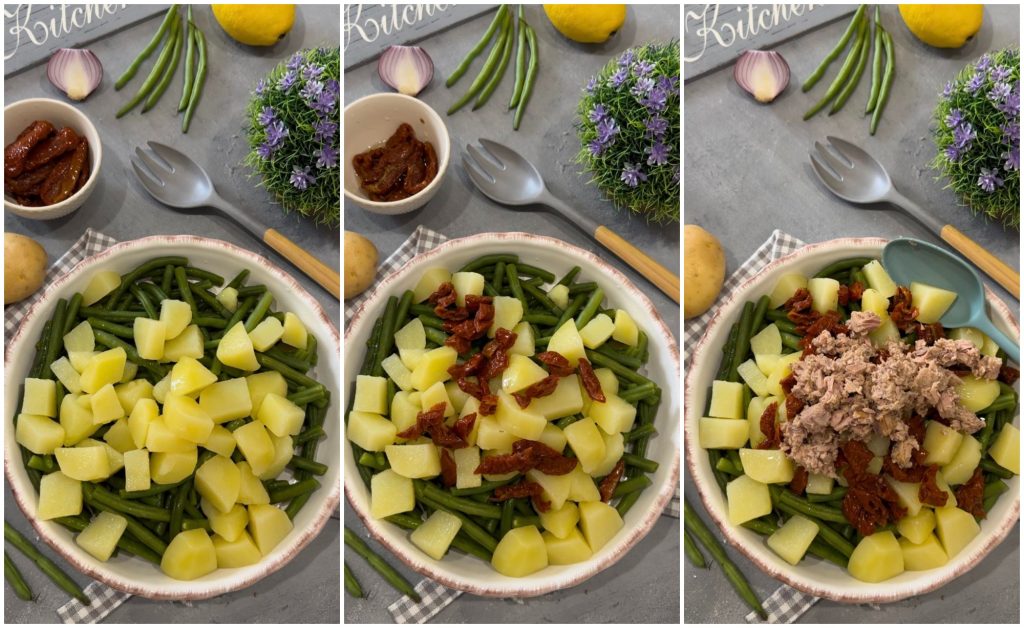 Salat aus grünen Bohnen, Thunfisch und Kartoffeln mit getrockneten Tomaten