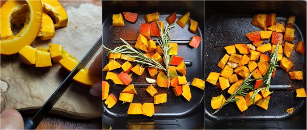 schneiden Sie den Kürbis in Würfel und kochen Sie ihn in der Heißluftfritteuse