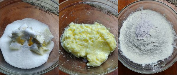 verarbeiten Sie Butter, Zucker und Ei und fügen Sie Mehl und Backpulver hinzu