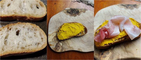 Vorbereitung der Crostini mit Kürbis, Speck und Gorgonzola