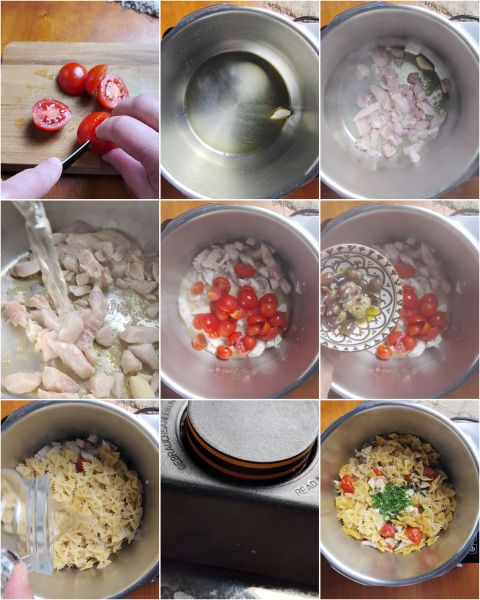 Vorbereitung der Pasta mit Schwertfisch und Kirschtomaten im Schnellkochtopf
