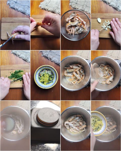 Vorbereitung der Scampi mit Zitrone im Schnellkochtopf