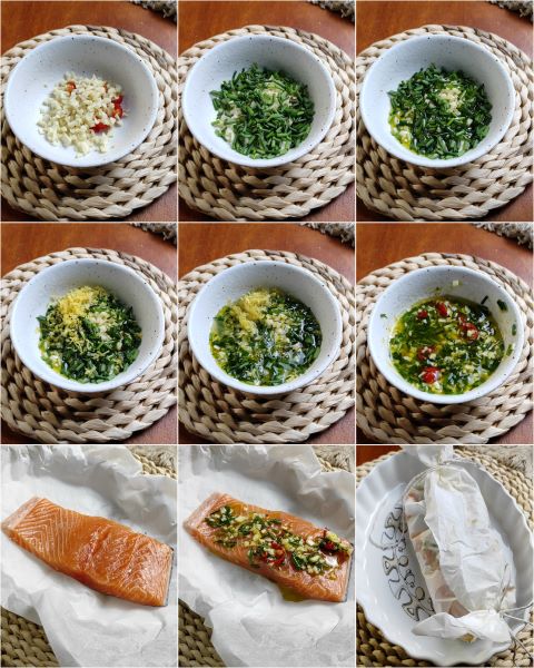 Vorbereitung von Lachs im Pergament im Ofen