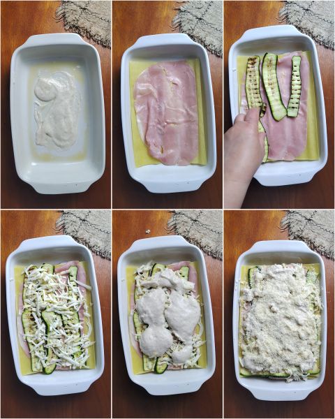 preparazione delle lasagne zucchine e prosciutto cotto