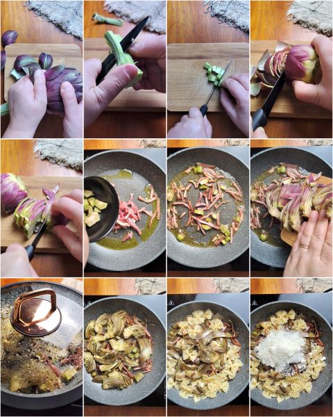 Zubereitung der Pasta mit Artischocken und Speck